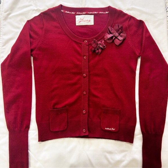 Outback Red Cardigan Ladies P Large Red Button Down Pockets Ribbon Flowers read - Picture 1 of 7